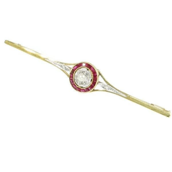 Two tone gold Art Deco barette pin with rubies, diamonds and a pearl